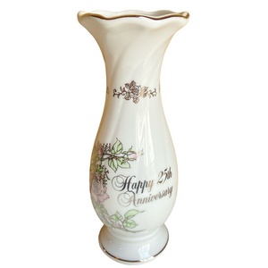 Enesco Japan 1983 Happy 25th Anniversary floral vase with silvertone accents VTG